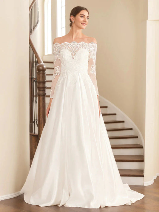 A-Line Princess Off-the-Shoulder Long-Length Floor-Length Lace Wedding Dress with Appliques
