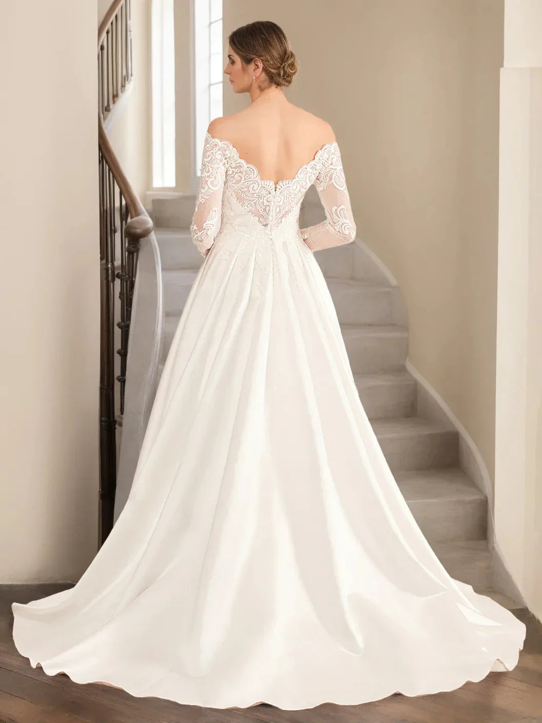 A-Line Princess Off-the-Shoulder Long-Length Floor-Length Lace Wedding Dress with Appliques