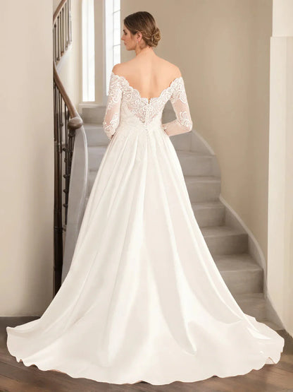 A-Line Princess Off-the-Shoulder Long-Length Floor-Length Lace Wedding Dress with Appliques