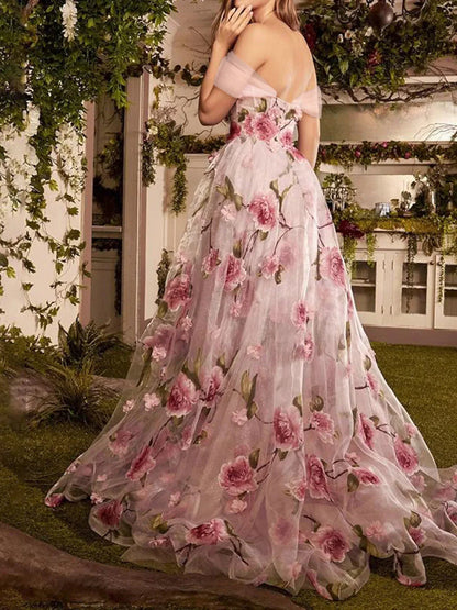 A-Line Princess Off-the-Shoulder Long Prom Floral Dresses With Split Side