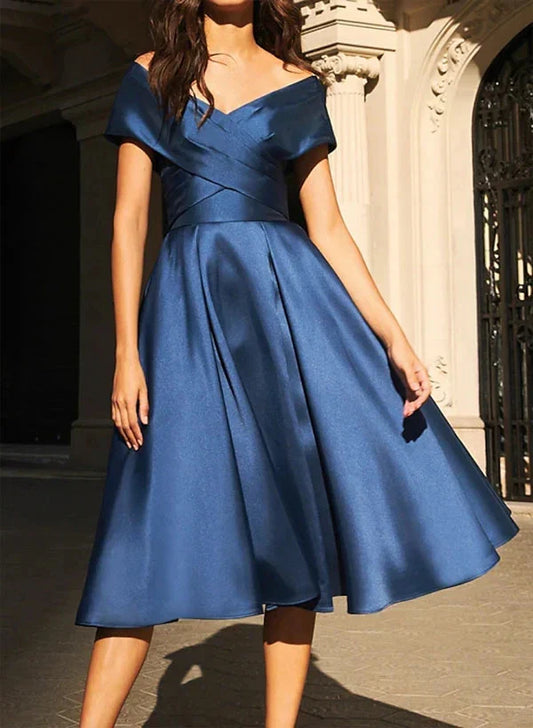 A-Line Princess Off-the-Shoulder Satin Mother of the Bride Dresses