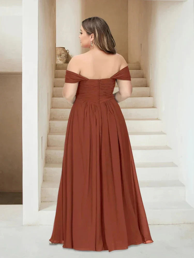 A-Line Princess Off-the-Shoulder Sleeveless Chiffon Plus Size Bridesmaid Dresses with Pockets
