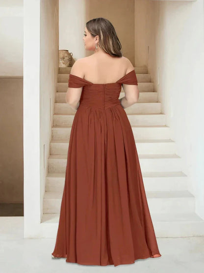 A-Line Princess Off-the-Shoulder Sleeveless Chiffon Plus Size Bridesmaid Dresses with Pockets
