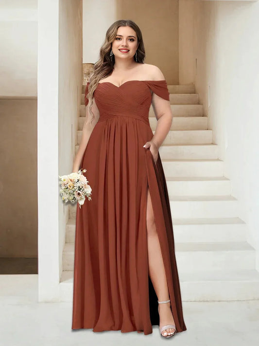 A-Line Princess Off-the-Shoulder Sleeveless Chiffon Plus Size Bridesmaid Dresses with Pockets