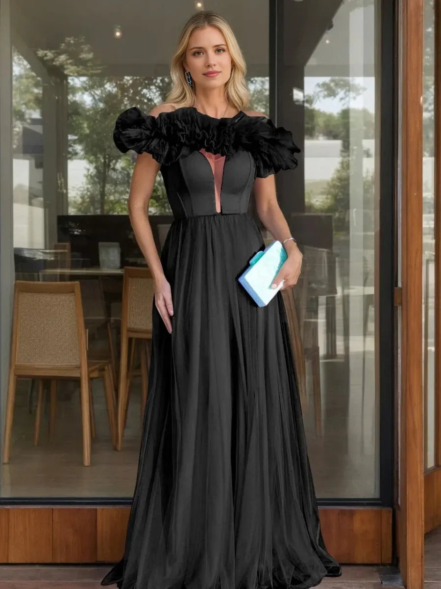 A-Line Princess Off-the-Shoulder Sleeveless Floor-Length Evening Dresses