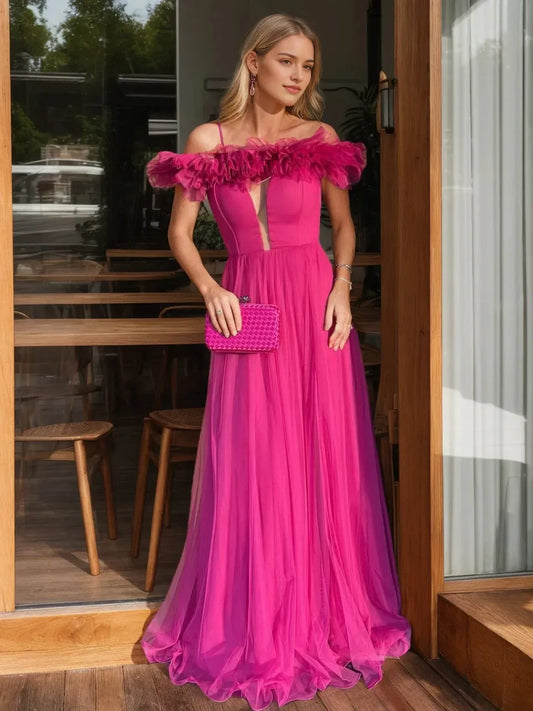 A-Line Princess Off-the-Shoulder Sleeveless Floor-Length Evening Dresses
