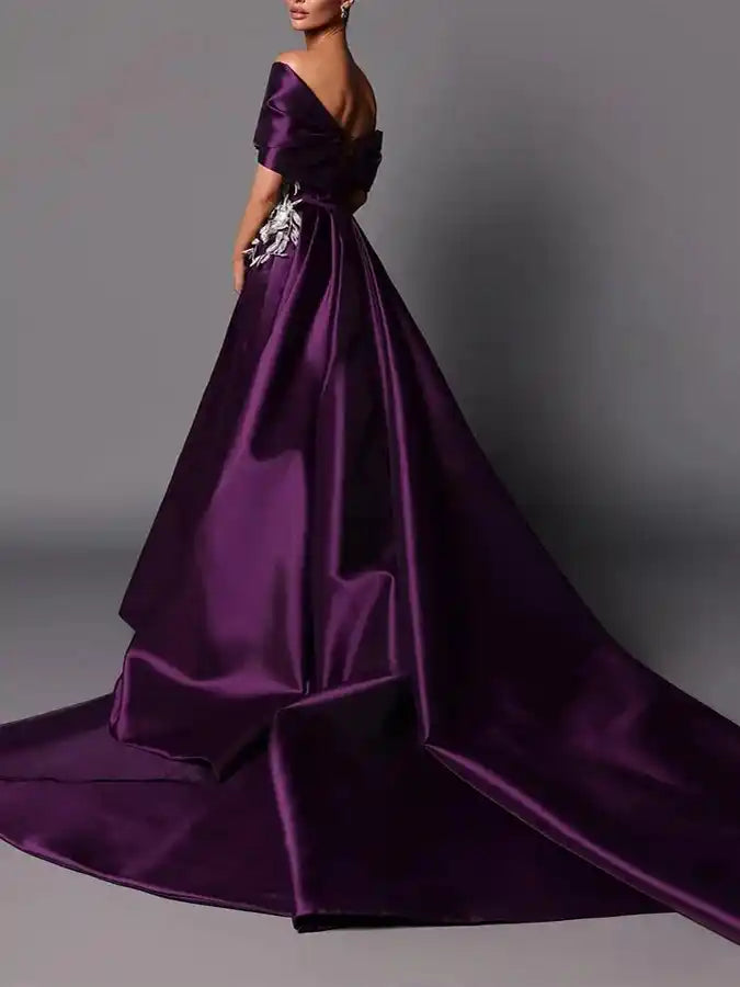 A-Line Princess Off-the-Shoulder Sweep Train Evening Dresses