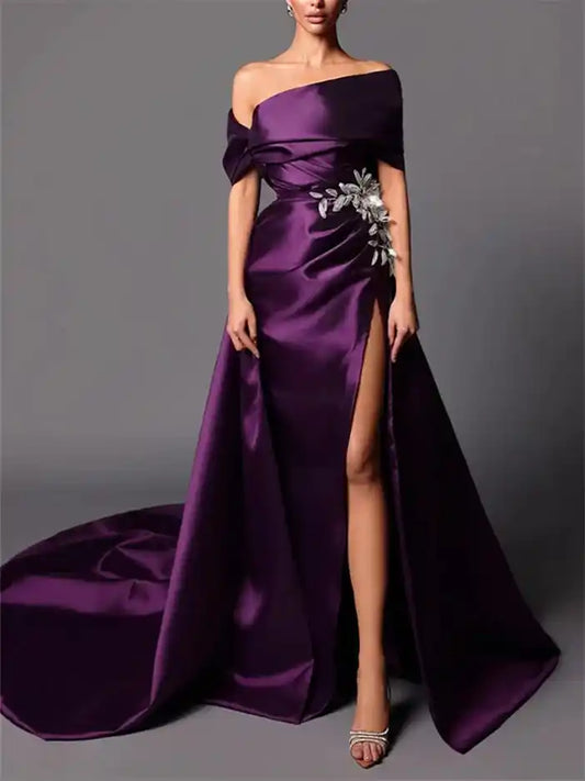 A-Line Princess Off-the-Shoulder Sweep Train Evening Dresses