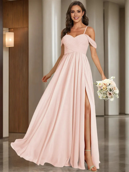 A-Line Princess Off Shoulder Sweetheart Sleeveless Floor Length Bridesmaid Dresses Chiffon with Pockets Slit
