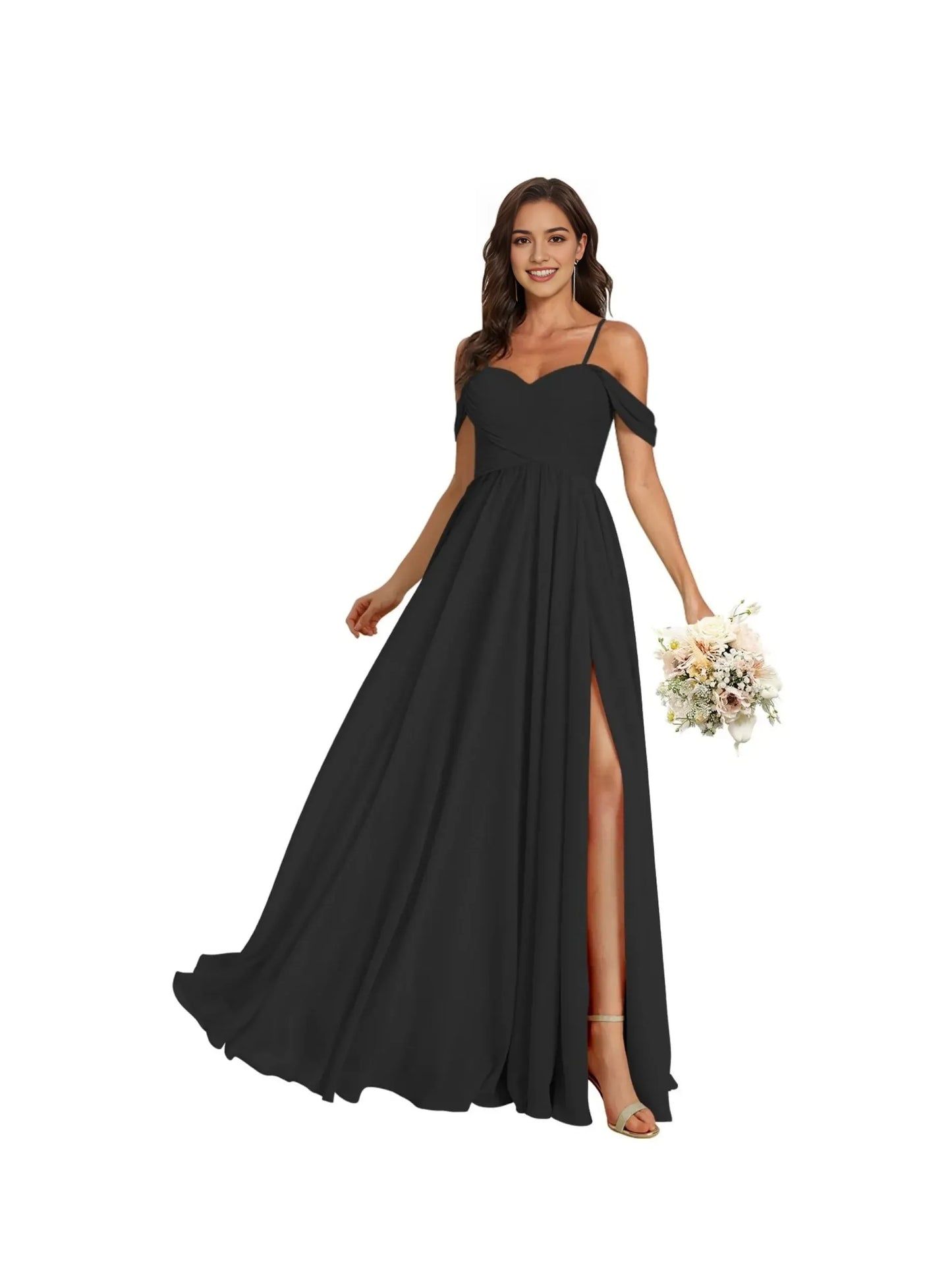 A-Line Princess Off Shoulder Sweetheart Sleeveless Floor Length Bridesmaid Dresses Chiffon with Pockets Slit