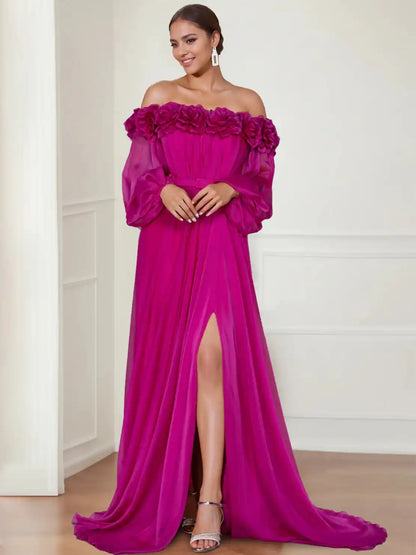 A-Line Princess Off the shoulder Long Sleeves Evening Dresses with Split Side Flower