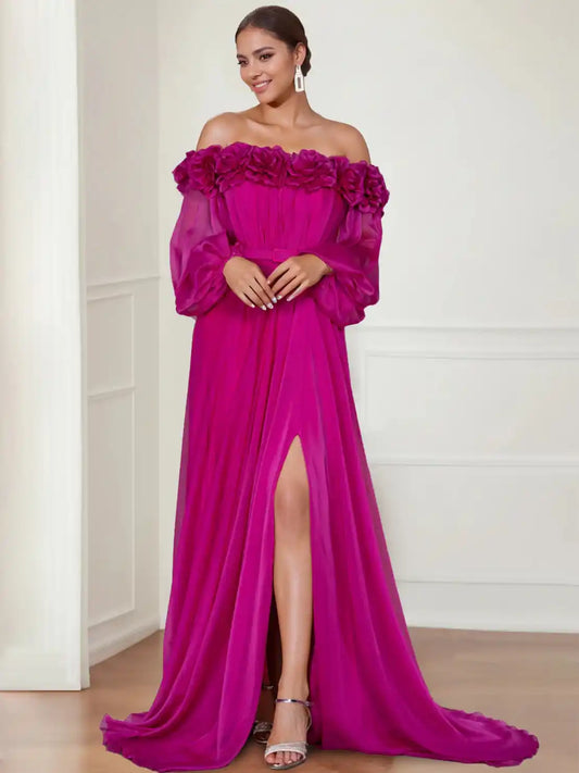 A-Line Princess Off the shoulder Long Sleeves Evening Dresses with Split Side Flower