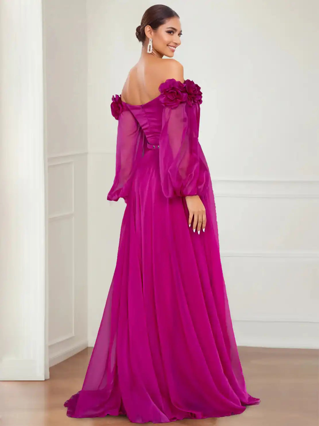 A-Line Princess Off the shoulder Long Sleeves Evening Dresses with Split Side Flower