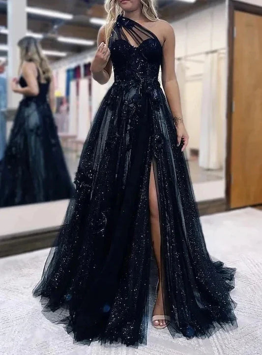 A-Line Princess One-Shoulder Floor-length Prom Dresses
