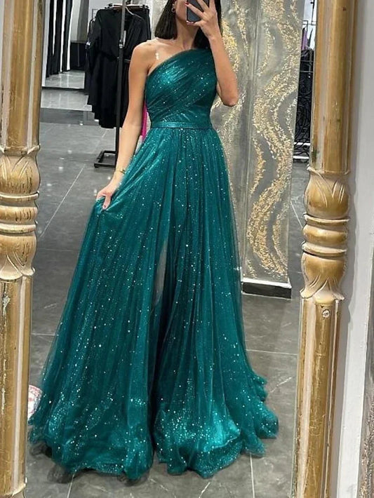 A-Line Princess One-Shoulder Long Prom Dresses With Sequins