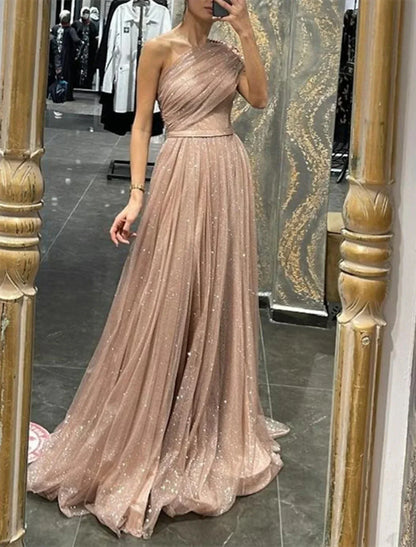 A-Line Princess One-Shoulder Long Prom Dresses With Sequins