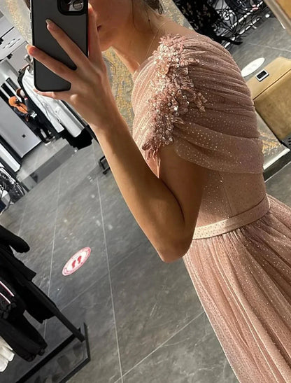 A-Line Princess One-Shoulder Long Prom Dresses With Sequins