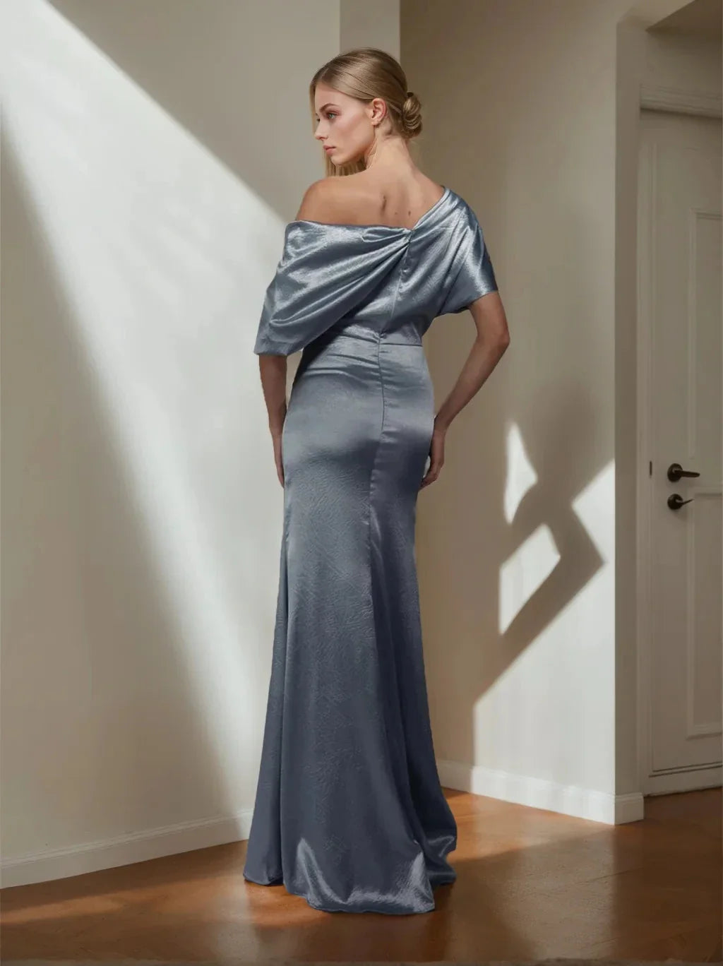 A-Line Princess One-Shoulder Short Sleeves Floor-Length Mother of the Bride Dress with Split Side