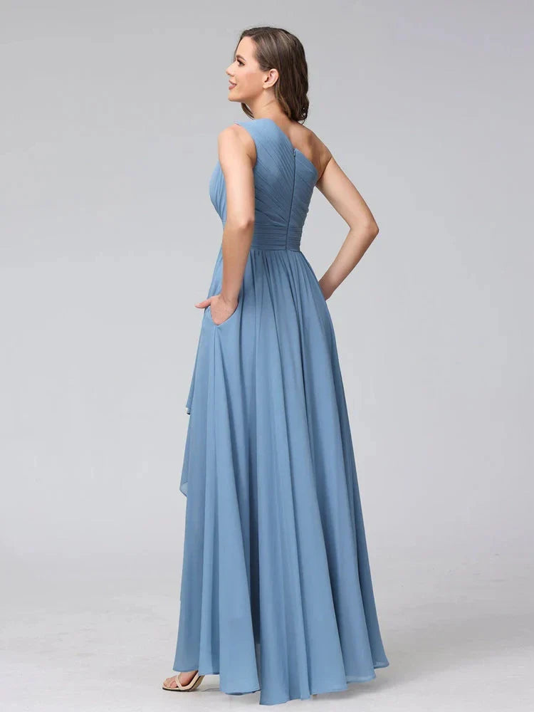 A-Line Princess One-Shoulder Sleeveless Asymmetrical Bridemaid Dresses with Pockets