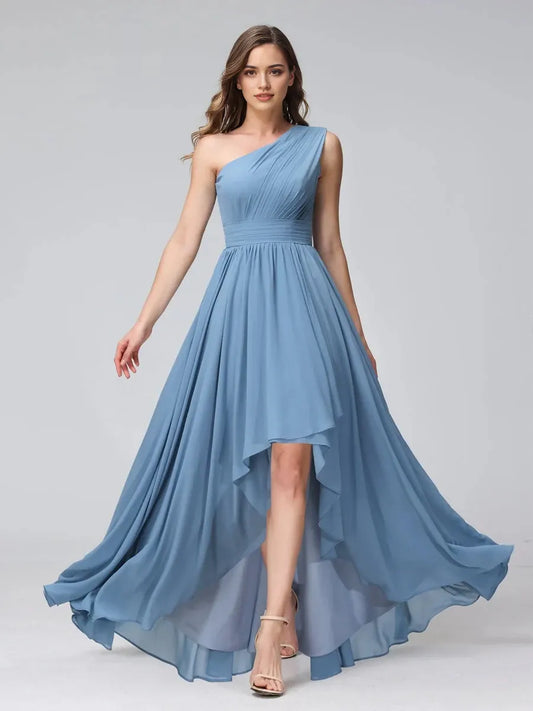 A-Line Princess One-Shoulder Sleeveless Asymmetrical Bridemaid Dresses with Pockets