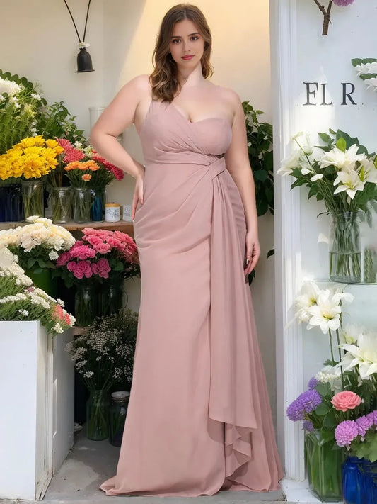 A-Line Princess One-Shoulder Sleeveless Floor-Length Chiffon Plus Size Bridesmaid Dress With Ruffles
