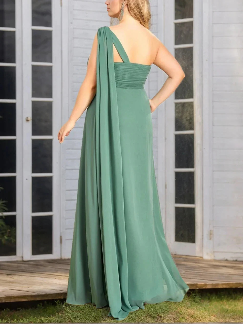 A-Line Princess One-Shoulder Sleeveless Floor-Length Plus Size Bridesmaid Dress With Ruched
