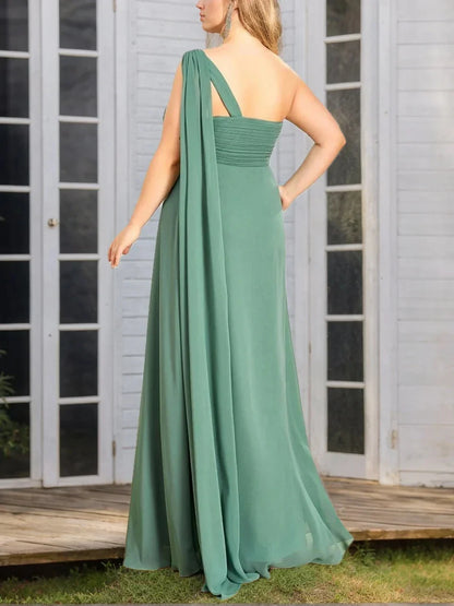 A-Line Princess One-Shoulder Sleeveless Floor-Length Plus Size Bridesmaid Dress With Ruched
