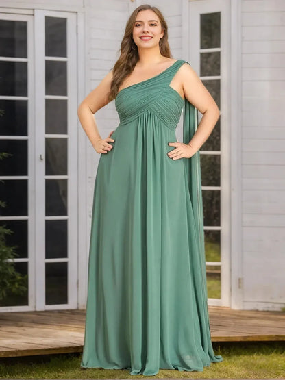 A-Line Princess One-Shoulder Sleeveless Floor-Length Plus Size Bridesmaid Dress With Ruched