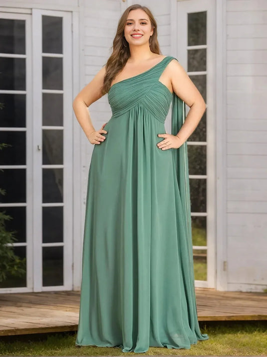 A-Line Princess One-Shoulder Sleeveless Floor-Length Plus Size Bridesmaid Dress With Ruched