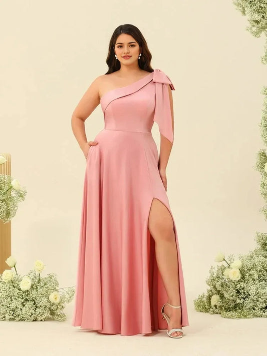 A-Line Princess One-Shoulder Split Side Plus Size Bridesmaid Dresses