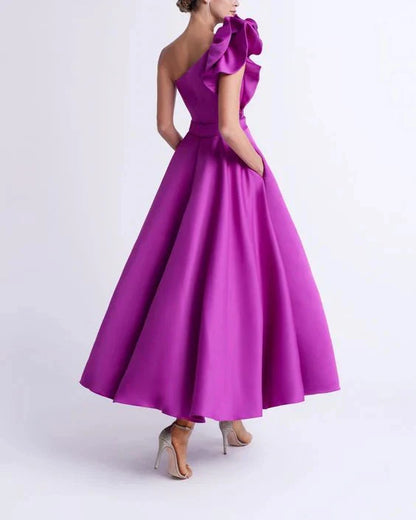 A-Line Princess One-Shoulder Tea-Length Prom Dresses