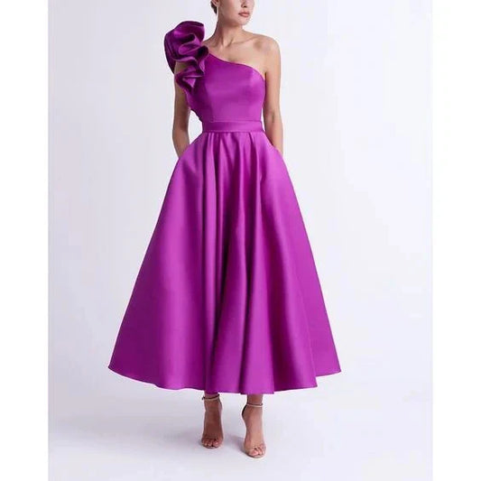 A-Line Princess One-Shoulder Tea-Length Prom Dresses
