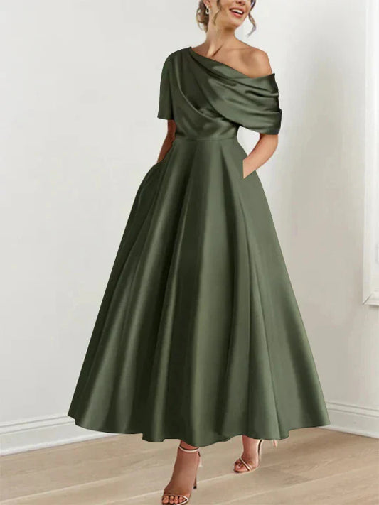 A-Line Princess One-shoulder Half Sleeve Ankle-Length Mother of the Bride Dresses with Ruffles