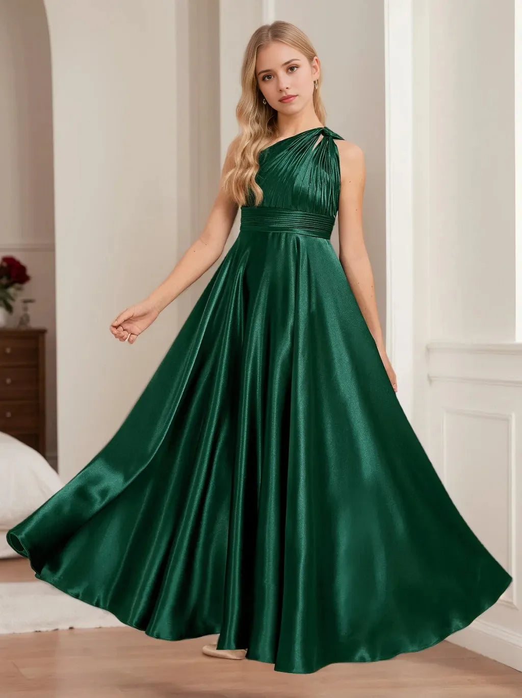 A-Line Princess One Shoulder Ankle-Length Junior Girl Bridesmaid Dresses with Pleats