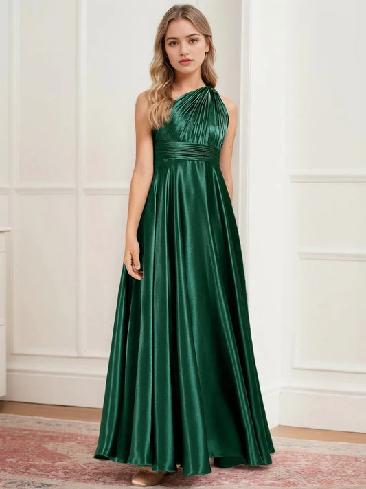 A-Line Princess One Shoulder Ankle-Length Junior Girl Bridesmaid Dresses with Pleats