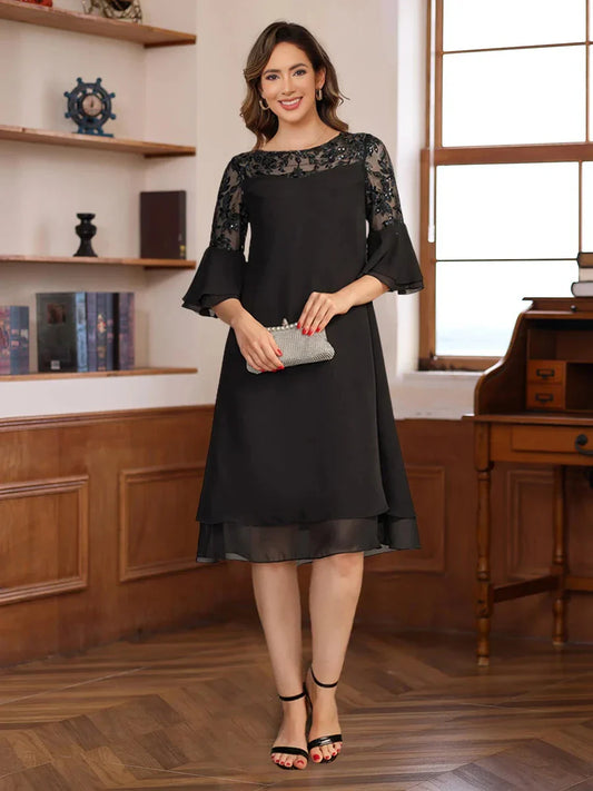A-Line Princess Round Neck 12 Sleeves Knee Length Mother of the Bride & Groom Dresses with Lace Appliques & Ruffles