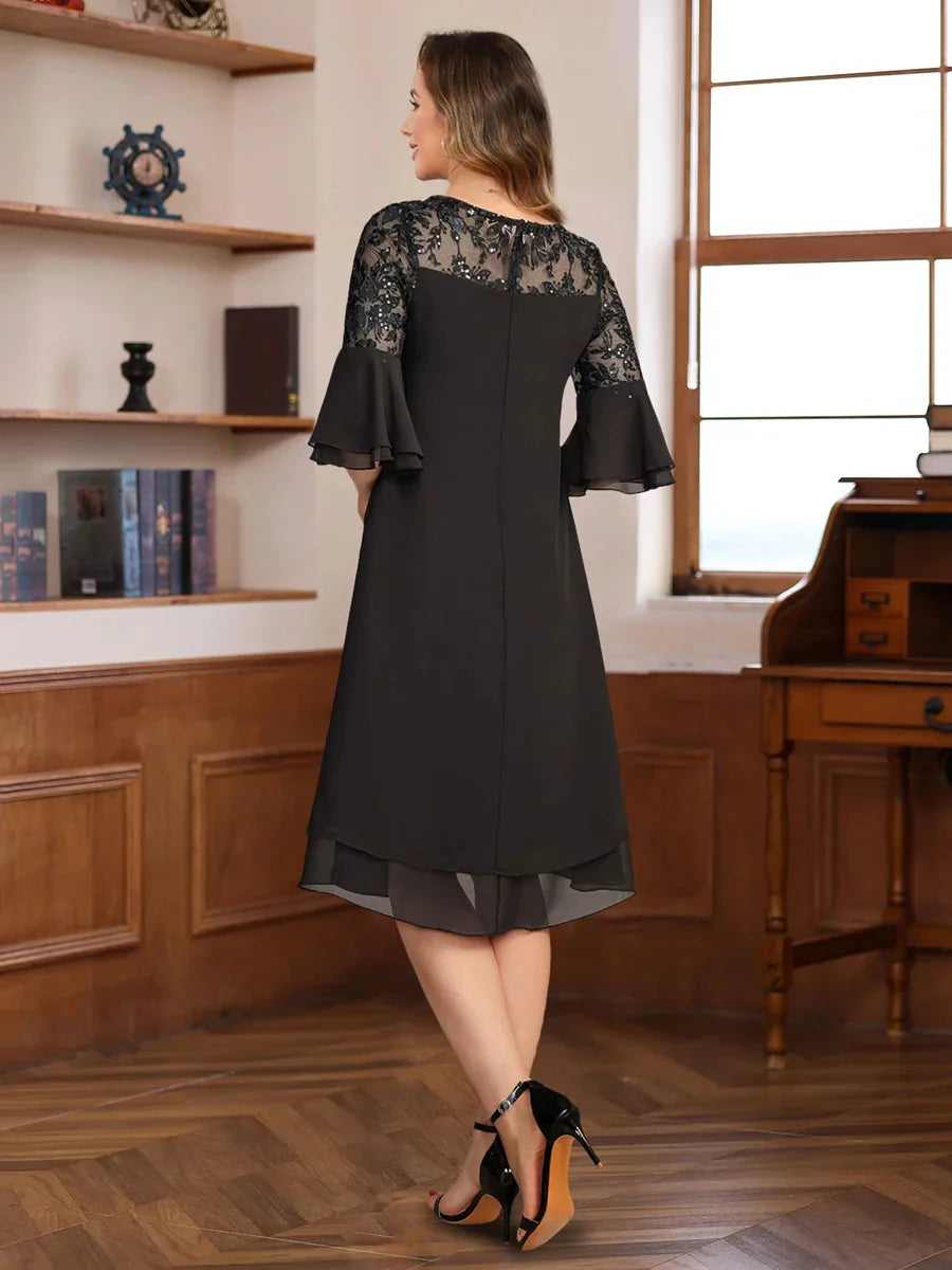 A-Line Princess Round Neck 12 Sleeves Knee Length Mother of the Bride & Groom Dresses with Lace Appliques & Ruffles