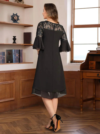 A-Line Princess Round Neck 12 Sleeves Knee Length Mother of the Bride & Groom Dresses with Lace Appliques & Ruffles