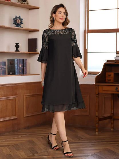 A-Line Princess Round Neck 12 Sleeves Knee Length Mother of the Bride & Groom Dresses with Lace Appliques & Ruffles