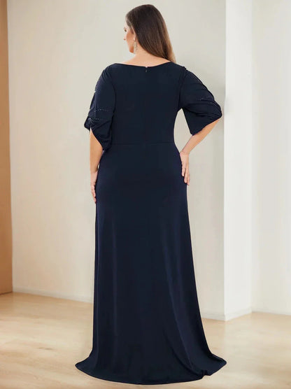 A-Line Princess Round Neck Half Sleeves Floor-Length Plus Size Mother of the Bride Dresses with Hot Drill