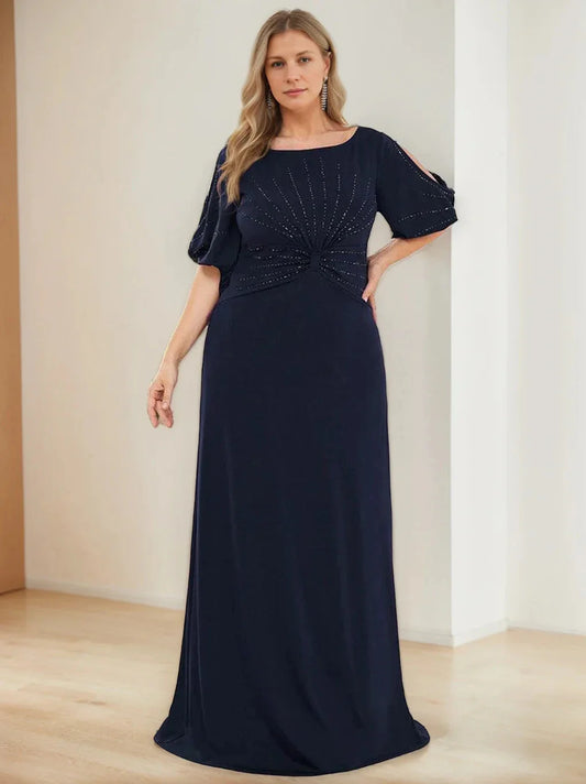 A-Line Princess Round Neck Half Sleeves Floor-Length Plus Size Mother of the Bride Dresses with Hot Drill