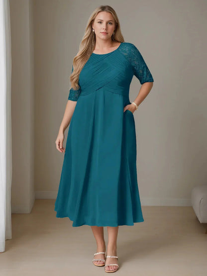 A-Line Princess Round Neck Half Sleeves Tea-Length Plus Size Mother of the Bride Dresses with Ruffles