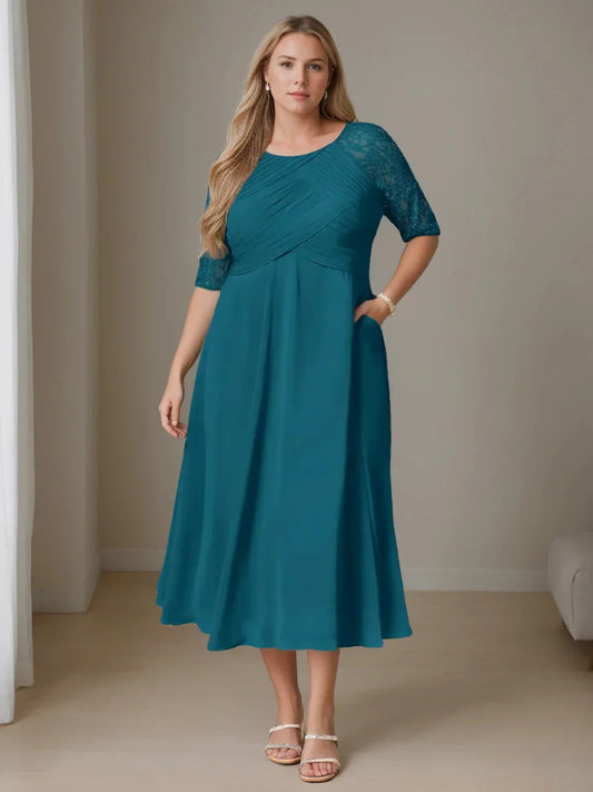 A-Line Princess Round Neck Half Sleeves Tea-Length Plus Size Mother of the Bride Dresses with Ruffles