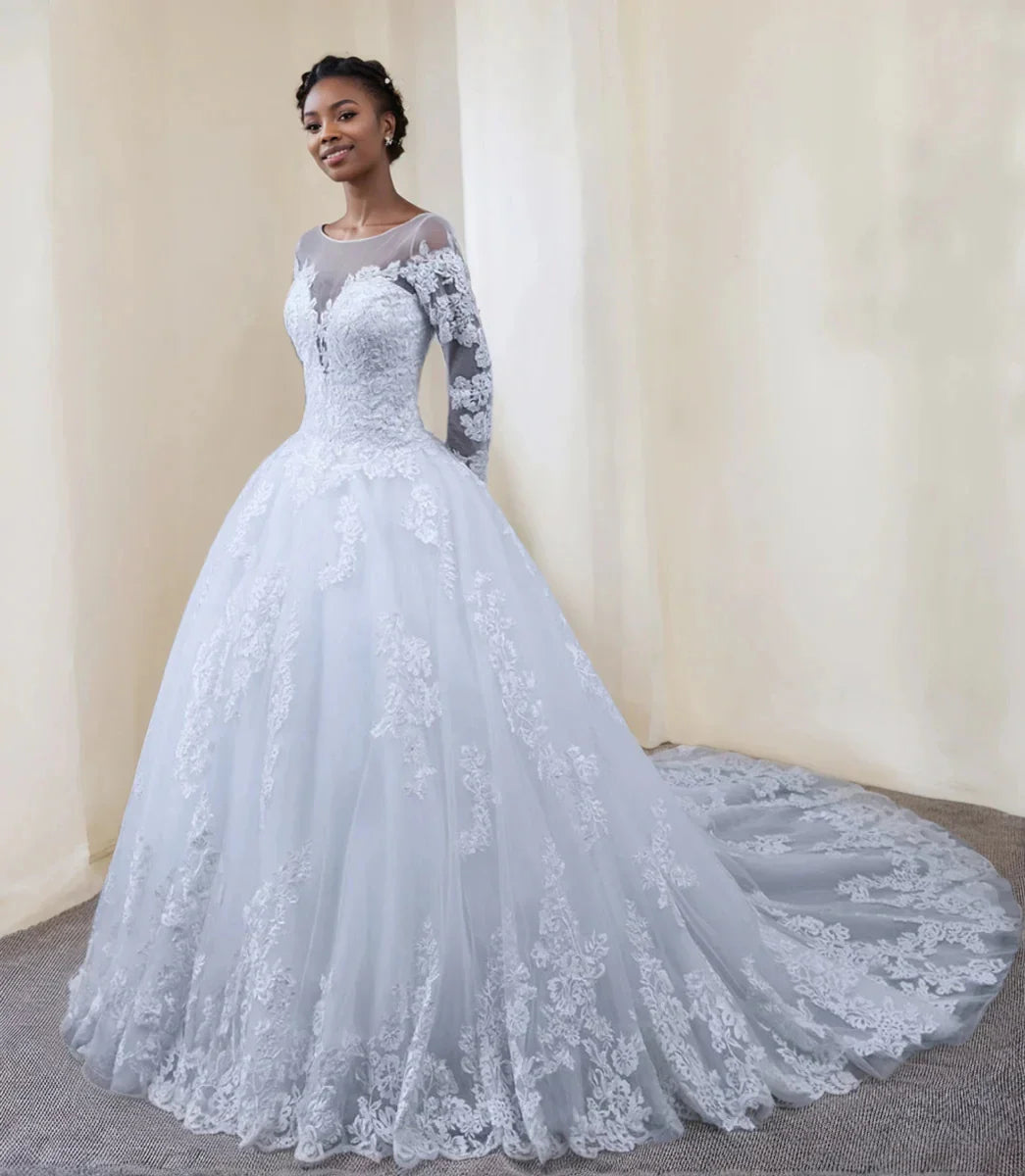 A-Line Princess Round Neck Long Sleeves Wedding Dresses with Lace Appliques