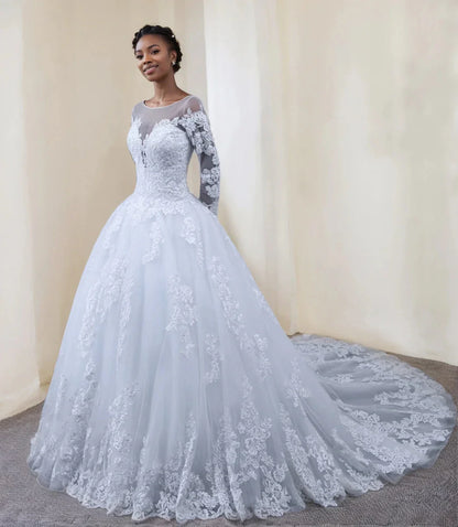A-Line Princess Round Neck Long Sleeves Wedding Dresses with Lace Appliques
