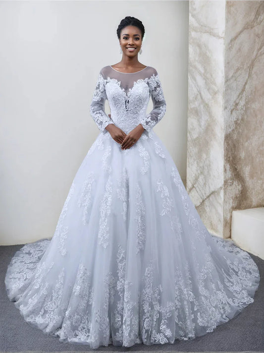 A-Line Princess Round Neck Long Sleeves Wedding Dresses with Lace Appliques