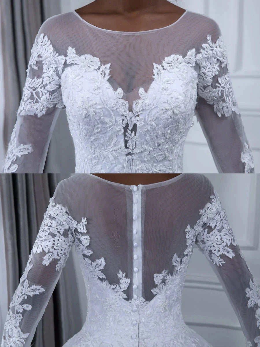 A-Line Princess Round Neck Long Sleeves Wedding Dresses with Lace Appliques