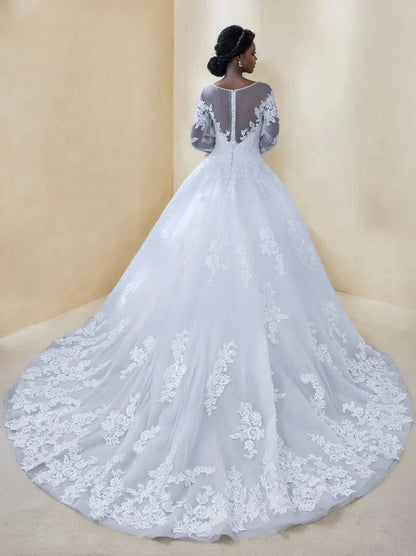 A-Line Princess Round Neck Long Sleeves Wedding Dresses with Lace Appliques