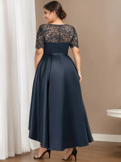 A-Line Princess Round Neck Short Sleeves Asymmetrical Plus Size Mother of the Bride Dress with Appliques