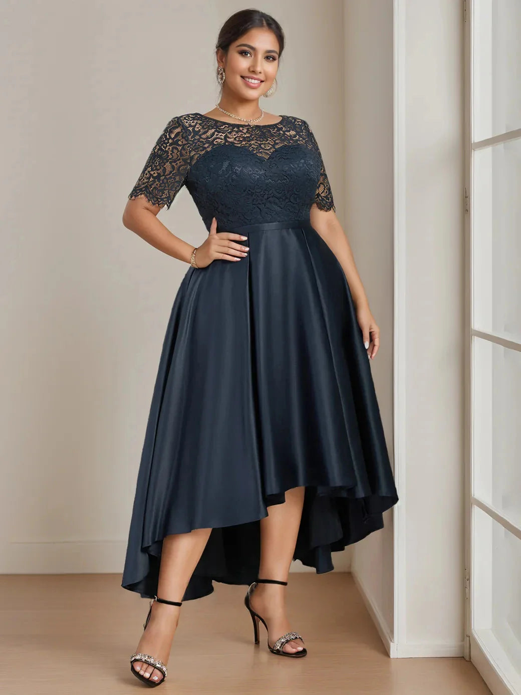 A-Line Princess Round Neck Short Sleeves Asymmetrical Plus Size Mother of the Bride Dress with Appliques